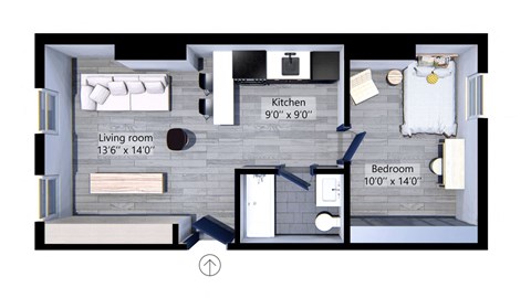 A floor plan of a small apartment with a living room, kitchen, and bedroom.